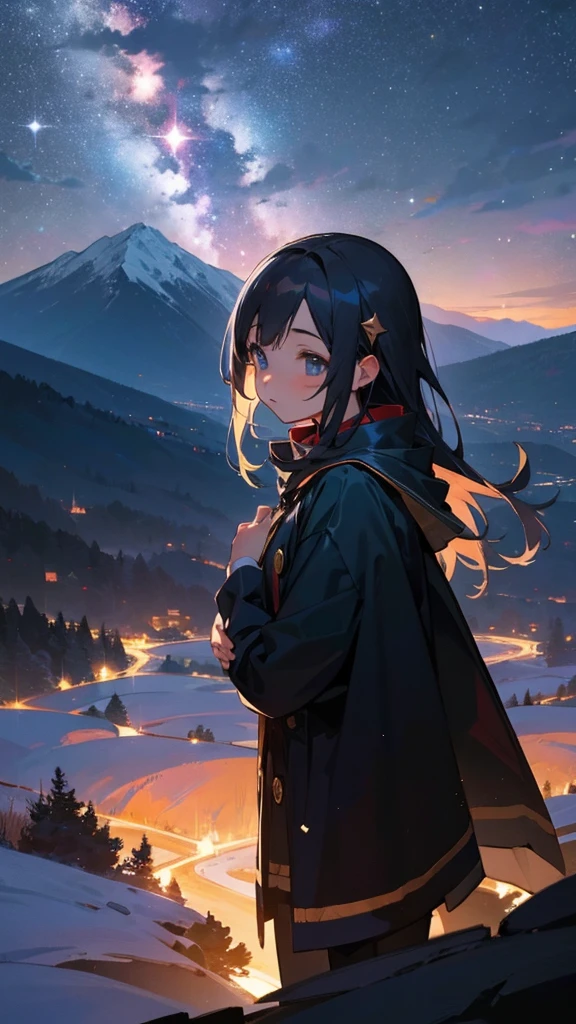 beautiful girl, At the top of the mountain, Night view, Night Sky, Starry Sky, Asahi