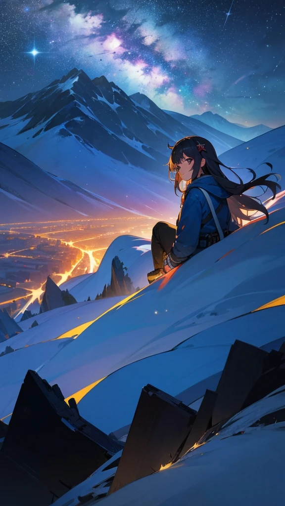 beautiful girl, At the top of the mountain, Night view, Night Sky, Starry Sky, Asahi