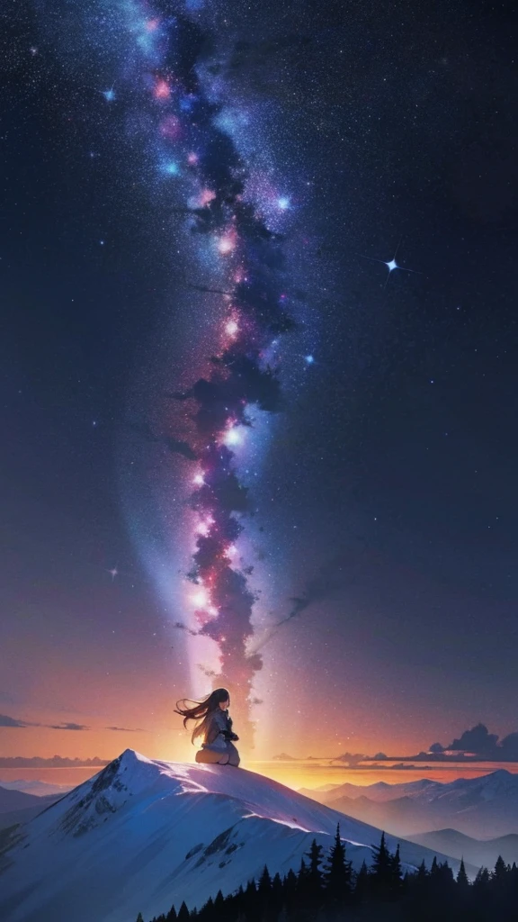 beautiful girl, At the top of the mountain, Night view, Night Sky, Starry Sky, Asahi