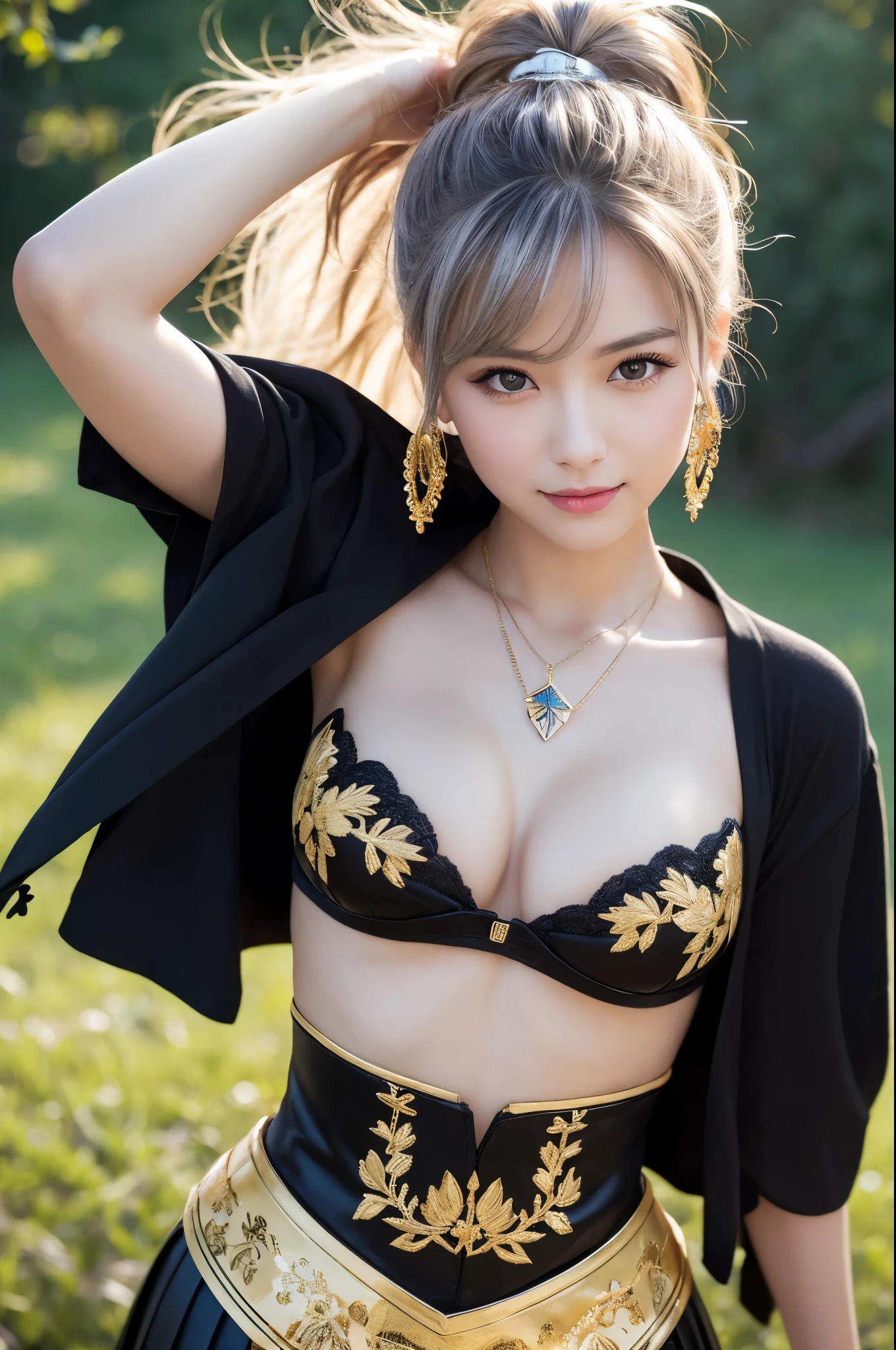 (8k,Realistic RAW Photos Highest quality;1.4) 1woman) 美しいSilver Hairの女神 (Lively Faces) (Tabletop, Highest quality, Realisticです, High resolution, :1.3), closeショット, Sharp focus, 1 カールしたSilver Hairのwoman, ヨーロッパ系woman, Hot Model, abdomen, Very detailed eyes with golden pupils, Realistic skin, Slim figure, Perfect body, Very large には谷間がある, Very Fine Hair, Delicate and sexy fa sensory gas, Glossy Lips, ((She wears a beautiful black and gold outfit with a black skirt and gold embroidery。.,Wear a pendant)), Outdoor, ((Realistic, 超Realistic, realism, Realistic詳細)) Beautiful expression charm (Realistic Skin) 超High resolution 超Realistic Advanced Details grassland, Flowers and beautiful mountains in the distance々々,Purple Earrings,Split Avemar Paladin,woman,超Realisticな肌,smile,close,Top View,Rich colors, Backlight, Cinema Lighting, Film Grain, 50mm lens, Nikon D850,超High resolution,Ultra-realistic,Compensate,Super sexy,Silveair,Very large breasts,Graceose,