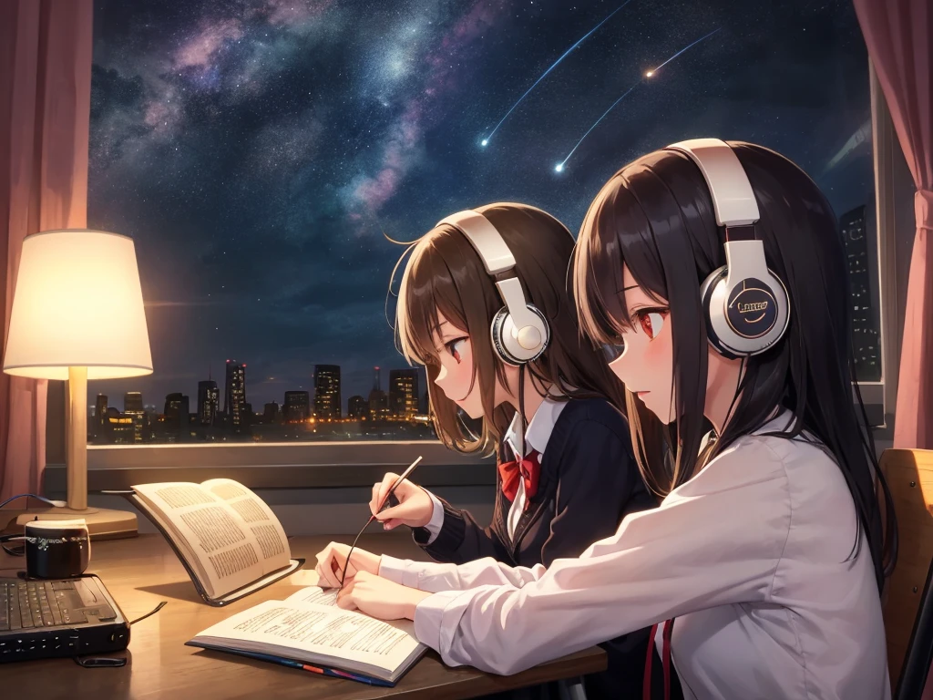 A girl studying at a desk in a dark room at night, listening to jazz with headphones
