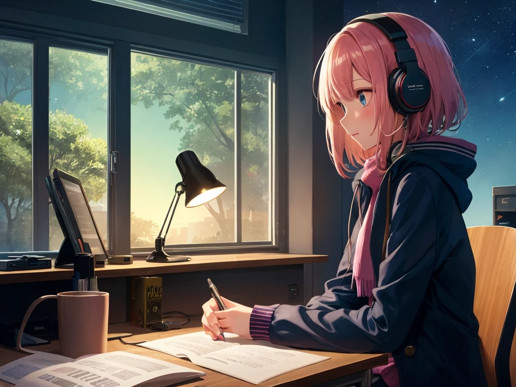 A girl studying at a desk in a dark room at night, listening to jazz with headphones