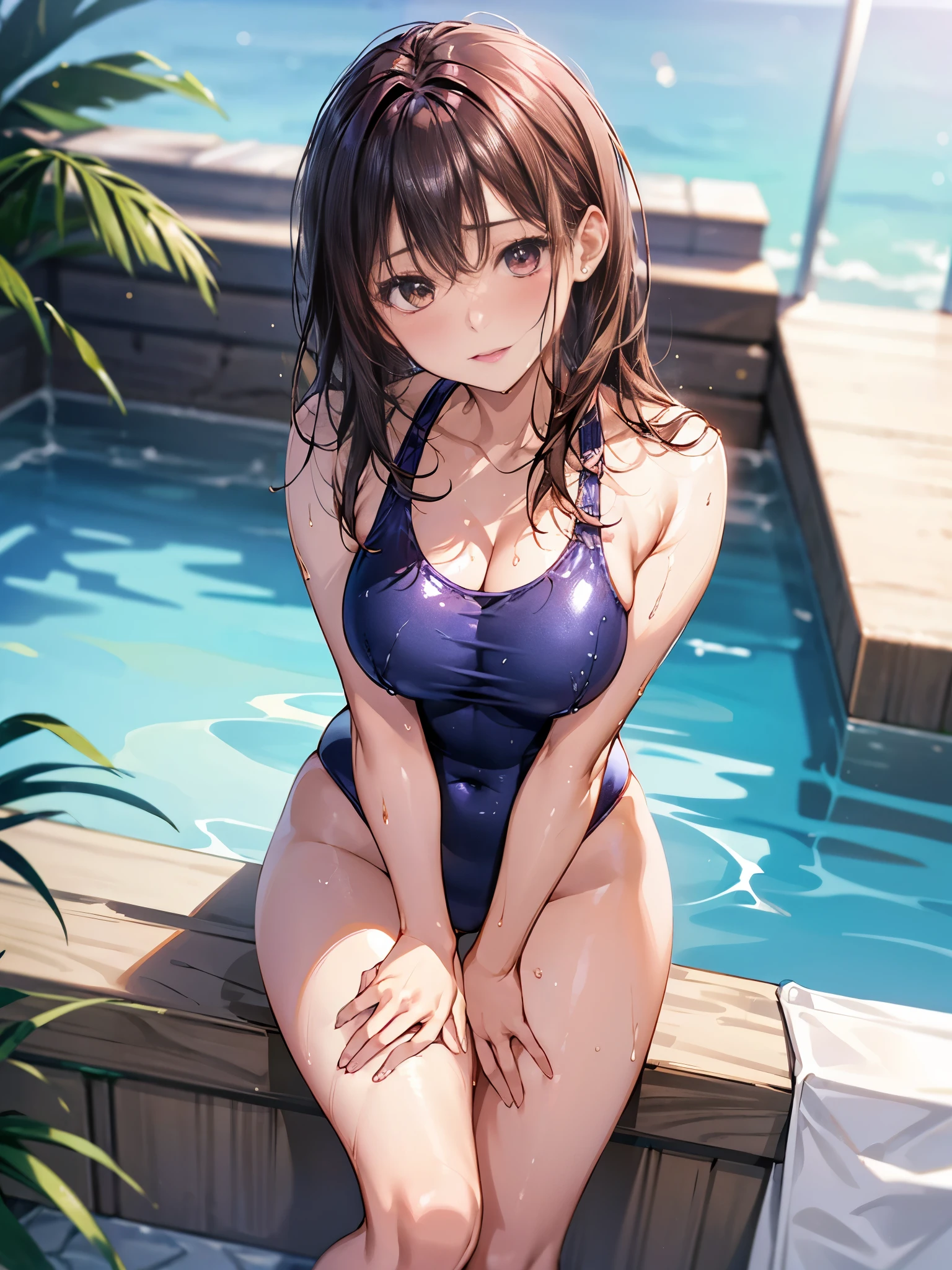 Navy and red high leg swimsuit、Swimming School Coach、Wet swimsuit、detailed, Oily and shiny skin、Shiny thighs、Beautiful woman、、25-year-old gravure idol、Medium Hair、Nogizaka Idol、Sensual look、Sexy pose、We skin、Bathroom of luxury resort hotel