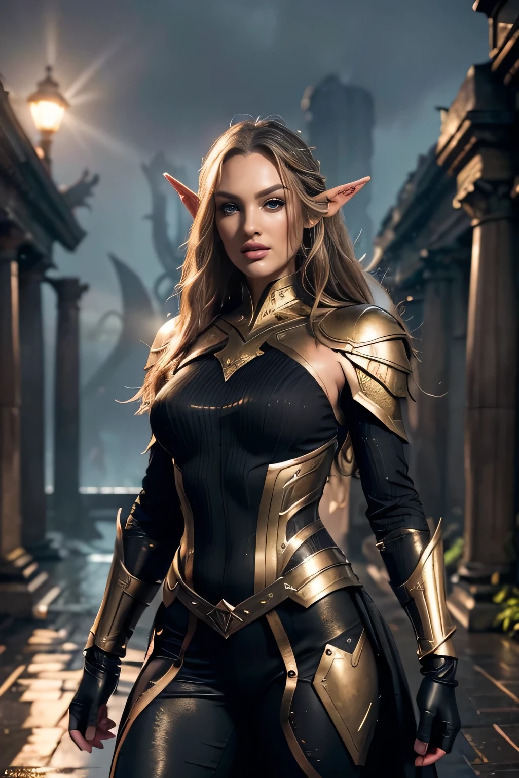 (Professional 3D rendering:1.3) of (realisti:1.3) most beautiful art photo in the world, candice swanepoel, ((Epic hero Fantasies muscle woman rough wet hero angry look long hair short beard and ferocious expression in dynamic pose, Fantastic location, Majestic, crowded environment)), Ganzkörper-8k-Unity-Rendering, action shot, Hautporen, very dark lighting, strong shading, detailed, detailed face, (exhilarated, foto realisti, realisti, dramatic, dark, keen focus, 8k), (Other, golden armor damaged by weather:1.4), ((((Wear elven armor)))), (complicated:1.4), decadent, (muito detalhado:1.4), digital drawing, Rendering von Octane, Art stations, conceptual art, smooth, keen focus, Illustration, Art germ, (loish:0.23), Wlop Ilja Kuwschinow, und Greg Rutkowski und Alphonse, Thank you, (Global Illumination, studio light, volumetric light), Heavy rain, floating particles, Lord of the rings, Fantasies, elf, Full Body Esbian, ((dark and ancient city background:1.3)),CGS Gesellschoft,Art stations, Blue eyes, bright eyes, light blue eyes, slim waist, looks at camera, seductive look, playfull