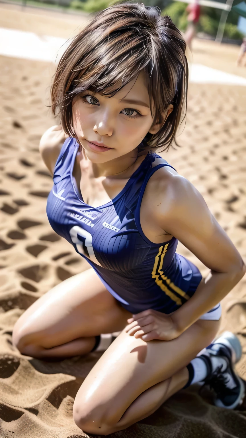 (Summer beach:1.2、Woman receiving the ball in beach volleyball、Lean forward and stick your butt out)、(Realistic、Like a photograph、Live Action、, Realistic, RAW Photos, Best image quality: 1.4), Single-lens reflex camera、RAW Photos, Highest quality, Realistic, Very detailed CG Unity 8K wallpaper, Written boundary depth, Cinematic Light, Lens flare, Ray Tracing, Realistic background、Many people々:1.4、(Beach volleyball player:1.4、uniform:1.3、Volleyball uniforms that fit snugly against the skin、Toned body、Abdominal muscles)、((ultra high density skin))、 woman,Cute Japanese volleyball player、((Receiving posture、((whole body:1.5))、During the game:1.2、short hair:1.2、I like that style、stylish、Very detailed、Pay attention to the details、Perfect outfit、(Sunburned skin)、Accurate Arm、Accurate feet、Anatomically correct body、Accurate fingering、View from the front