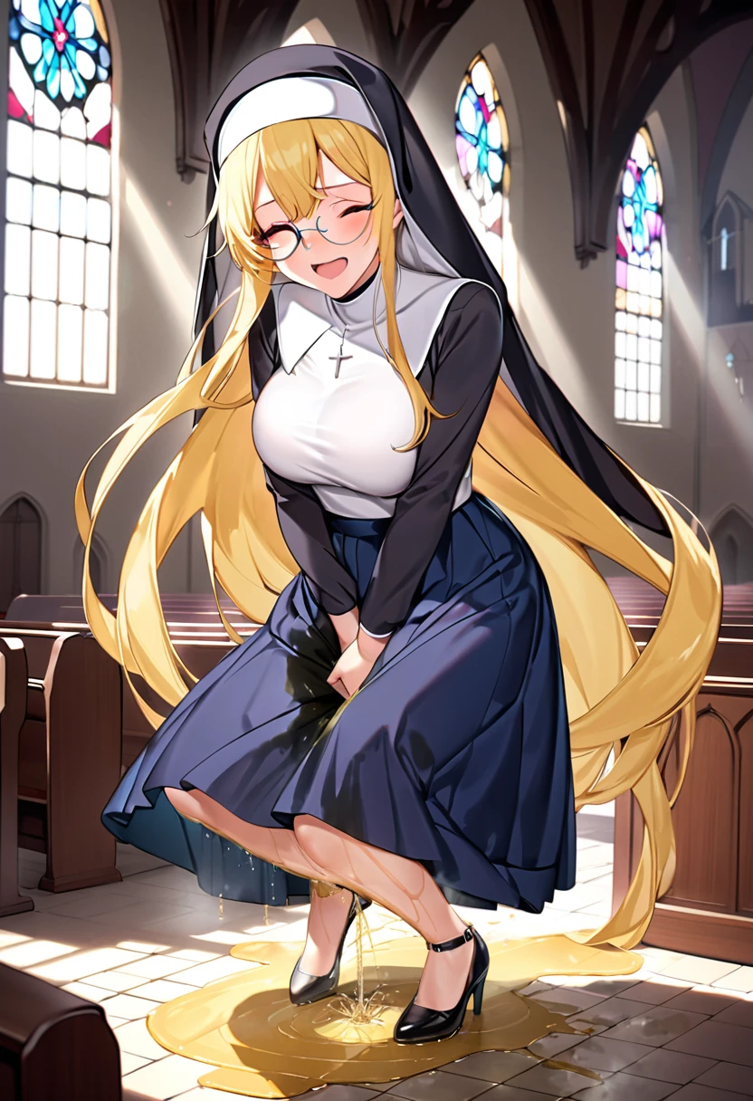 NSFW, (masterpiece, top quality, best quality, highly detailed:1.6), extremely detailed CG unity 8k wallpaper, (woman, indoor, nun, long skirt, In the church:2.5), (at midnight:2.5), (full body), wide shot, long shot, (Open your knees, Lift up the hem of the skirt with both hands, Show your panty:4), (crotch, pussy, urethra), (lite blue striped pattern panties:2.5), (Peeing with panties on, Pee stains spreading on panties, pee running down legs:2), (standing:2.5), (((Lift up the skirt high, Peeing with panty on))), Pee excreted with force, Urine that is discharged from the urethra in a parabolic arc, strong facial expression, (sharp eye:1.2), (scowl:1.1), (embarrassed,blush:1.3), (steam:2), (wet:1.1), (sweat:1.1), (trembling:1.3), (open mouth, wavy mouth:1.4), (clenched teeth:1.7), (closed eyes:1.5), (feeling weak:1.5), (bravery crying, sobbing:1.5), (shoot from front, looking at viewer:1.2), (squatting, skirt lift, clutching skirt:2), (round glasses:1.5), (very long hair, Extra long hair, blonde hair:1.7), (woman trembling with sexual climax:1.5), colorful, full body, wide shot, perfect composition, (panty, panties), urination, incontinence, piss, peeing self, (((pee stream))), (pee puddle), Wetting herself, pee stain, large breasts, Yellow pee, ((leaking pee)), puddle of pee, Pee at your feet, Pee spread on the floor, Pee stains, Dripping pee between my legs, Feet Wet from pee, Pee-covered feet, Pee at your feet, want to pee, about to pee, Full bladder, Pee-soaked skirt, natural makeup,