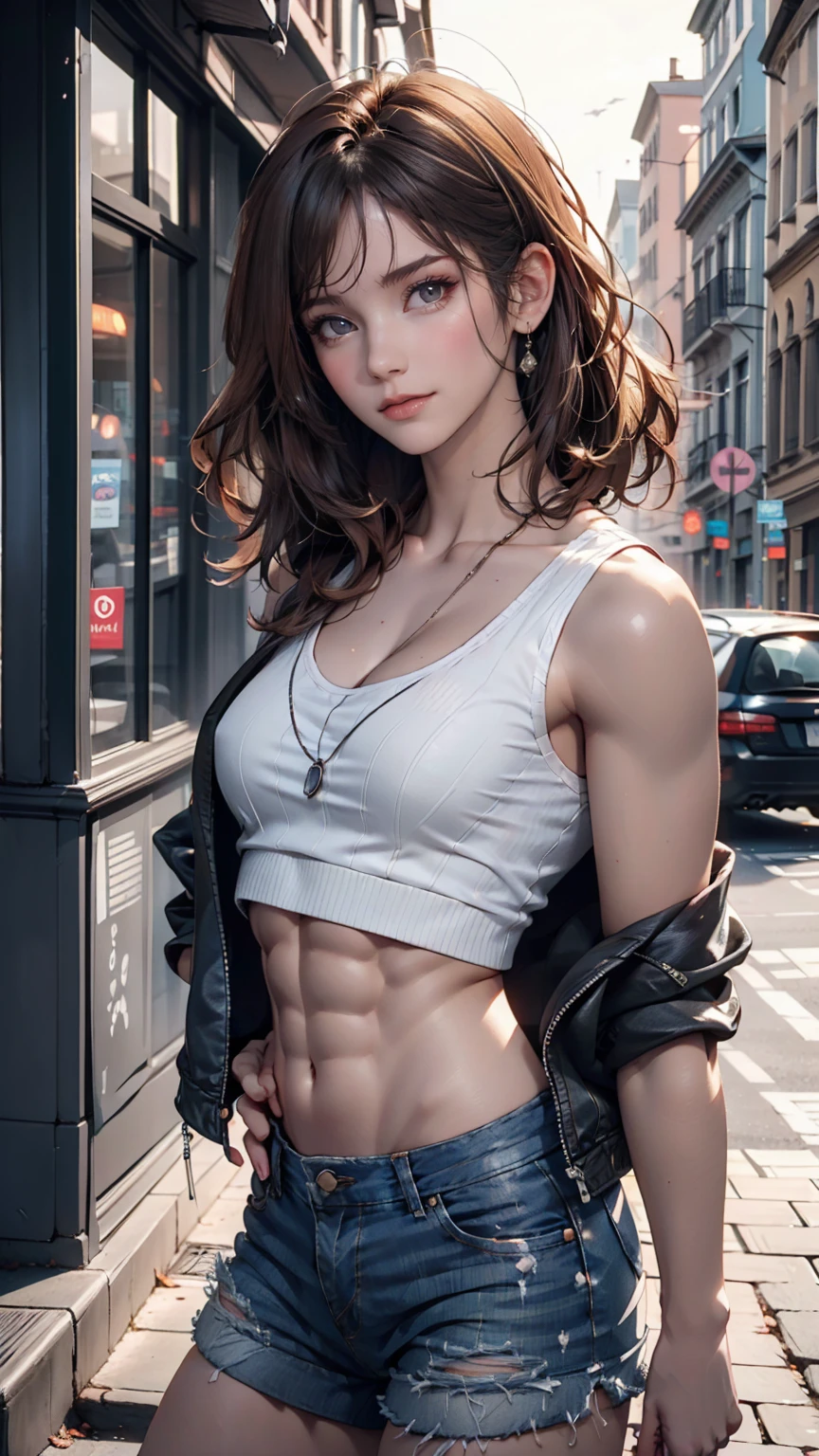 ((Mid-chest, Long Hair, Small Head)), Dawn, sunlight, (Defined Abs: 1.1), (Perfect body: 1.1), (Short Wavy Hair: 1.2), Auburn Hair, collar, Lock, Full body photo, Shabby Street, Wearing a black tank top, Denim jacket, ((Shorts)), (Highly detailed CG 8k wallpaper), (Very delicate and beautiful), (masterpiece), (Highest quality: 1.0), (Super Resolution: 1.0), Beautiful lighting, Perfect Lightning, Realistic Shadows, [High resolution], Detailed Skin, Super detailed