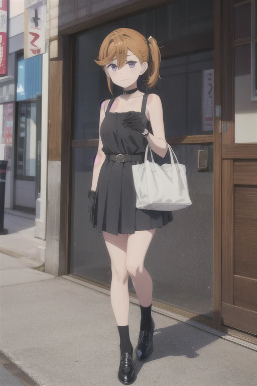 1girl, ubel, solo, green hair, bangs, hair between eyes, side ponytail, purple eyes, light smile, black choker, collarbone, sleeveless, black dress, sleeveless dress, halterneck, pleated skirt, black gloves, belt, black footwear, akihabara (tokyo), looking at viewer, ice_cream_cone , perfect hands, perfect symmetry, perfect anatomy, extremely detailed, masterpiece, best quality, very aesthetic, absurdres, style:parsley