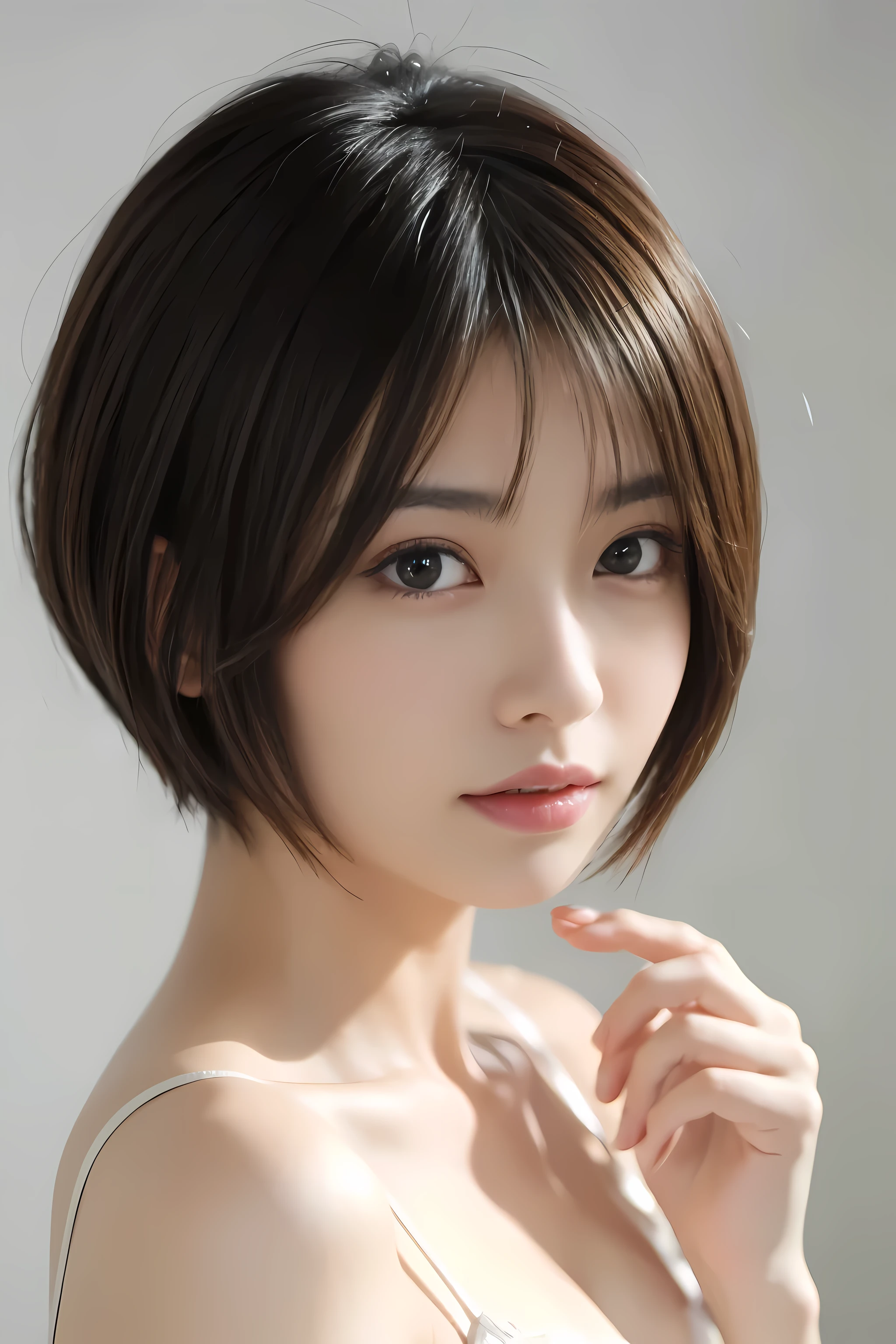 beautiful Japanese woman with short hair , white background