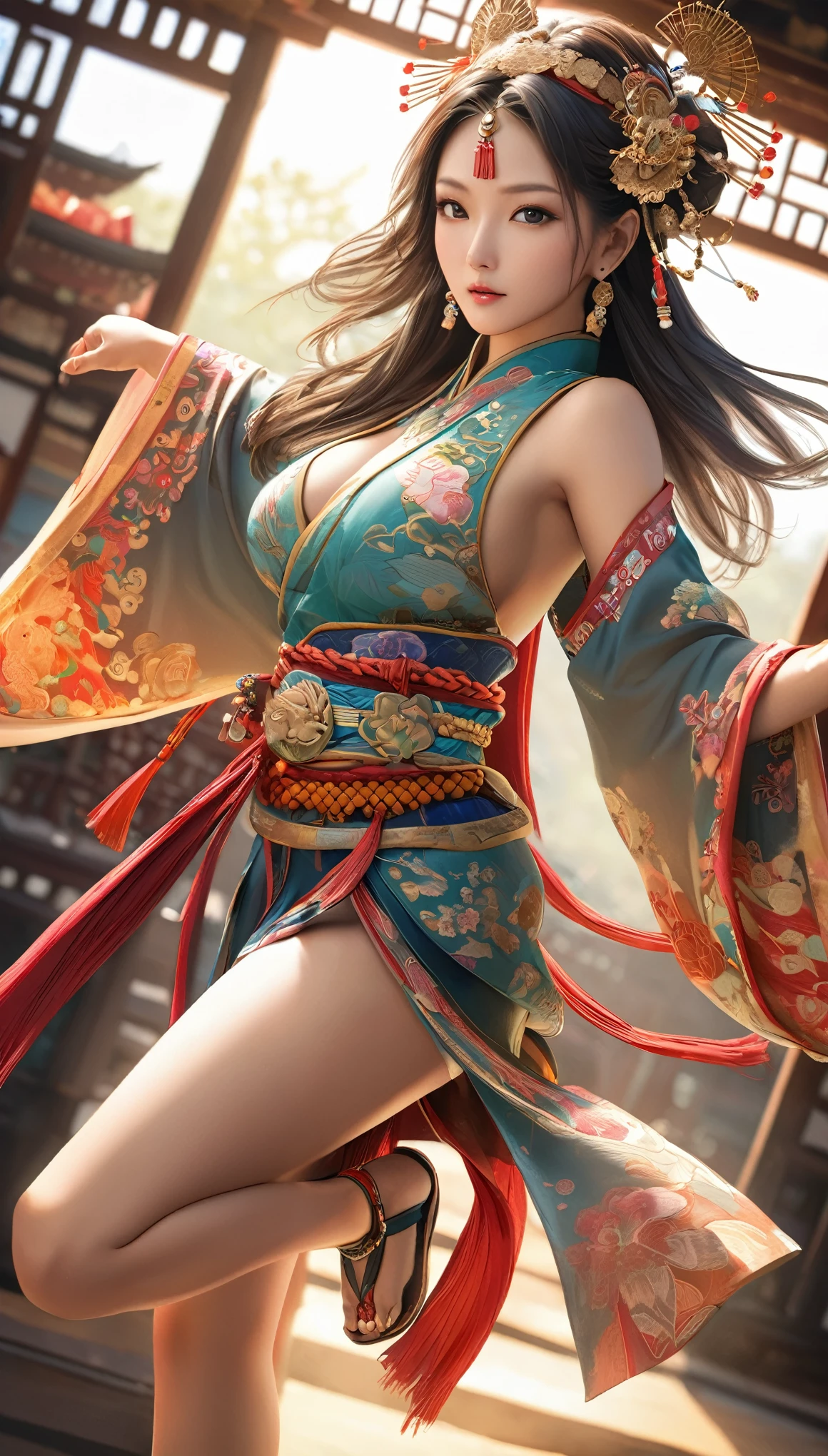Highest quality, Realistic, photoRealistic, Award-winning photography, (Intricate details, Asian Bar: 1.2), (Subtle details), (Intricate details), (Cinematic Light, Super sexy woman, super model,  super huge bouncing chests, Sexy long legs, Dynamic sexy pose, Ethnic attire, カラフルで複雑なEthnic attire, hair ornaments, , Sandals,, Full body close-up),
