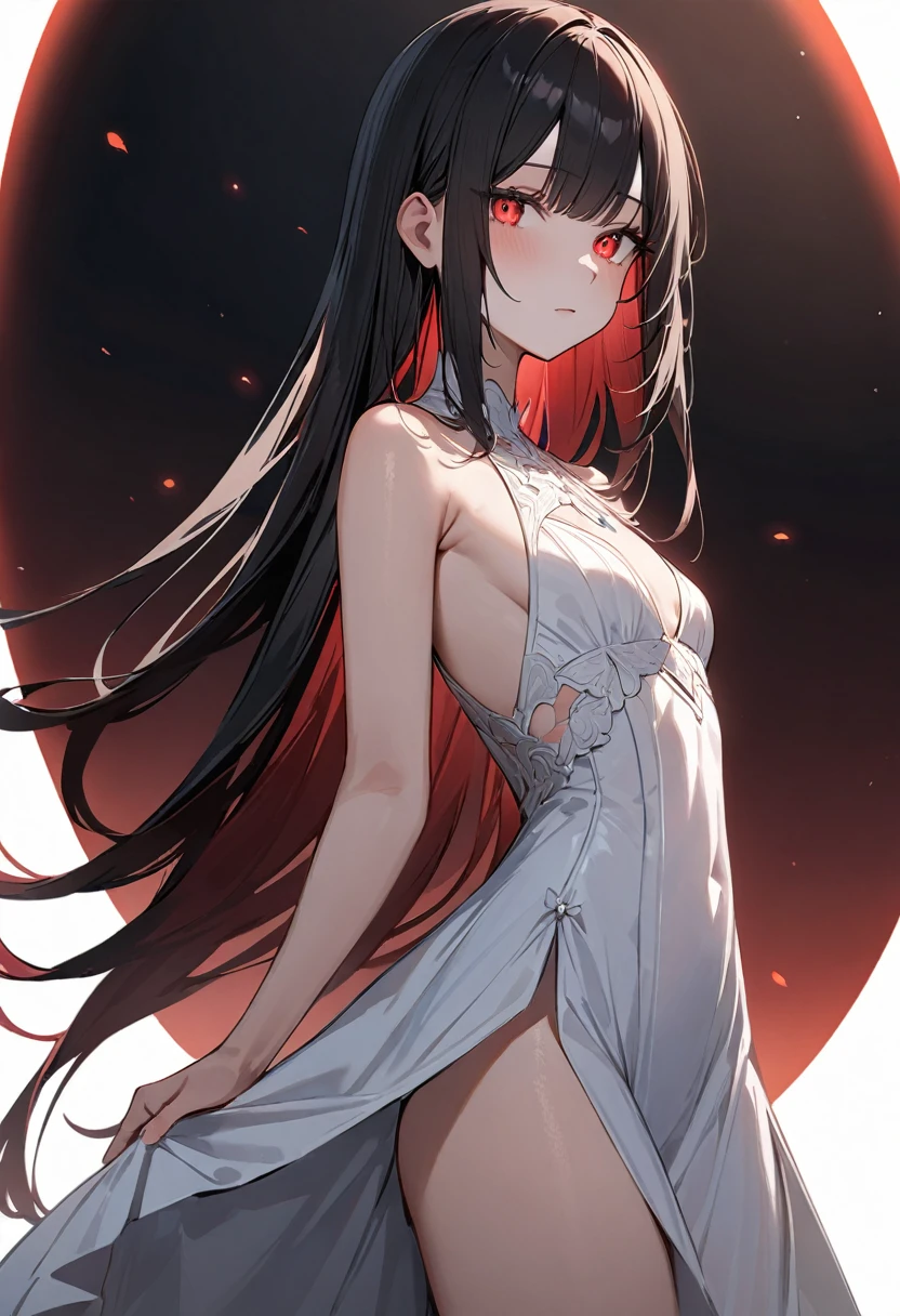 (masterpiece, top quality, very aesthetic, 4k、illustration), intricate detail, 1woman,、solo,contrapposto glowing eyes、,(cowboy shot)、light persona、(),beautiful face、from side、expressionless、straight hair、red to black gradient hair、,middle hair,sidelock ,red　eyes、white Summer Dresses、small breasts、Slim 、