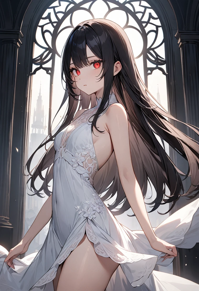 (masterpiece, top quality, very aesthetic, 4k、illustration), intricate detail, 1woman,、solo,contrapposto glowing eyes、,(cowboy shot)、light persona、(),beautiful face、from side、expressionless、straight hair、red to black gradient hair、,middle hair,sidelock ,red eyes、white Summer Dresses、small breasts、Slim 、