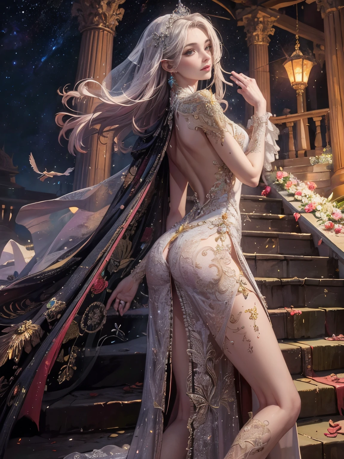 8k resolution, masterpiece, Highest quality, Award-winning works, unrealistic, Final Fantasy, Royal Jewel,Photorealistic paintings by Midjourney and Greg Rutkowski, , elegant, Very detailed, Delicate depiction of hair, Miniature Painting, Digital Painting, Art Station, Concept Art, Smooth, Sharp focus, shape, nature, 千night一night物語, A strip of light pouring down from the sky, A pillar of light stretching into the sky, Complex colors, Buddhist Mandala, Colorful magic circle, flash, Large spiral staircase, Mysterious Background, aura, A gentle gaze, break, Small faint lights and flying fireflies, night, lanthanum, royal palace, Starry Sky, milky way, nebula, shooting star, Flowers, bird, Wind and Moon, Rear view, erotic, Only sexy women, healthy shaped body, Anatomically accurate skeleton, 22 years old, bride, (Climbing the stairs, Rear view, Looking back towards the camera:1.6), Height: 170cm, Large, firm, swaying bust,, Silvery long wavy hair, Detailed facial depiction, break, Mysterious blue eyes, Standard nose, eyeliner, Pink Lips, Sexy long legs, Clear, glowing skin, bride, Sexy long silk wedding dress with gothic ruffles, Extra long cape, A dress with a complex structure, Pure white dress,, royal coat of arms, ,, dynamic sexy pose, A kind smile,