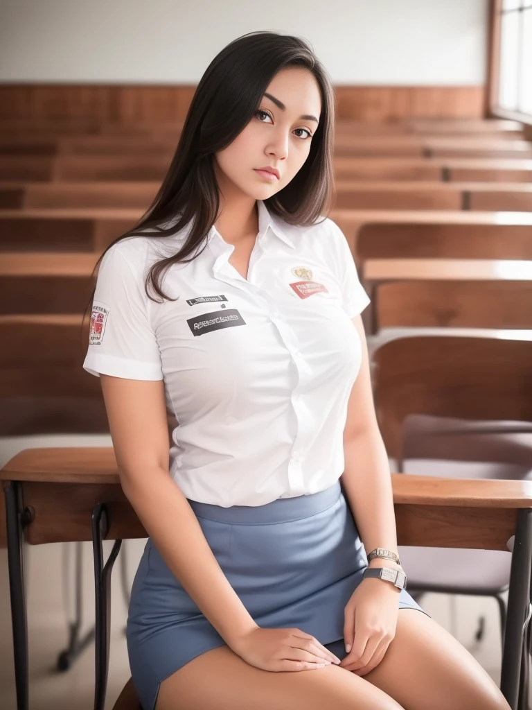 1girl, solo, 19 years old, (uniform), detailed classroom at the background, seductive pose, thick medium breasts, fit body, smooth realistic skin, cute angry face, white shirt, grey blue short skirt, looking at the audience, high angle shot, (zoom-out:1.3), (8k, RAW photo, best quality, masterpiece: 1.4), (realistic, realistic: 1.37), ultra-high resolution, cowboy shot