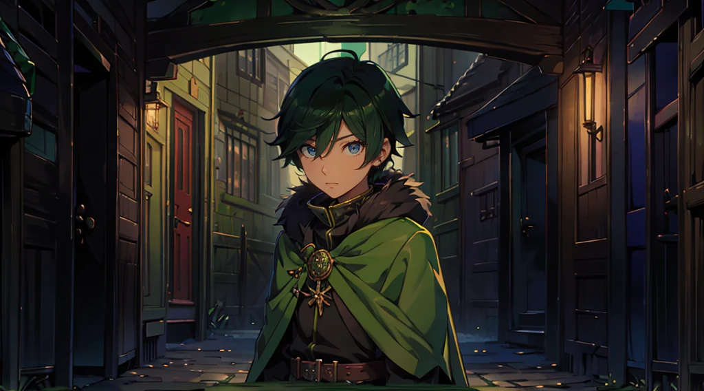 yuichiro hyakuya, (WithoutFear:1), 1 boy, black hair, green eyes, brown coat, gray armor, green shield, green cloak, dark brown gloves, town, white fur trim, tall, anime, standing, good quality, portrait, looking at viewer