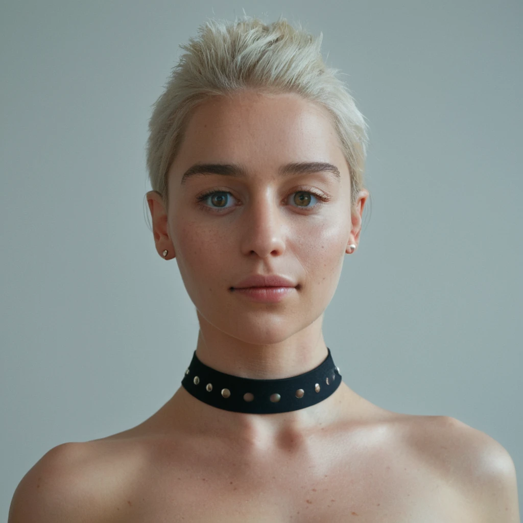 (Skin texture, pores, blemishes), Super high res upper body photo of a pretty woman wearing a small choker,f /2.8, Canon, 85mm,cinematic, high quality, skin texture, looking at the camera, skin imperfections, nude tits, naked, big tits, nipples  