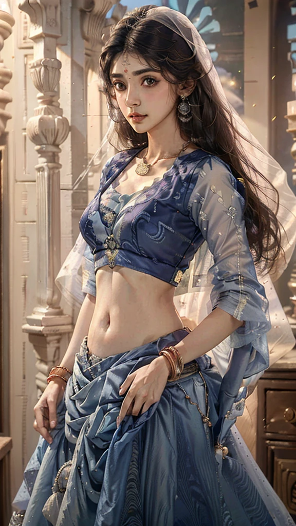 4K, UHD, masterpeice, 1 girl, good face, detailed eyes, detailed lips, very long hair, straight hair, very long hair, beautiful hair, hair ornaments, hairband, gradient hair, ((indigo lehenga)), ((bridal lehenga)), ((decorated blouse)), sardine, ((jwellery on lehenga)), ((indigo lace)), ((diamond bracelet)), ((pendant)), ornaments, necklace, earring, high lighting, ((bare stomach)), wedding stage, fujicolor, depth of field, ray tracing, ultra realistic detail,