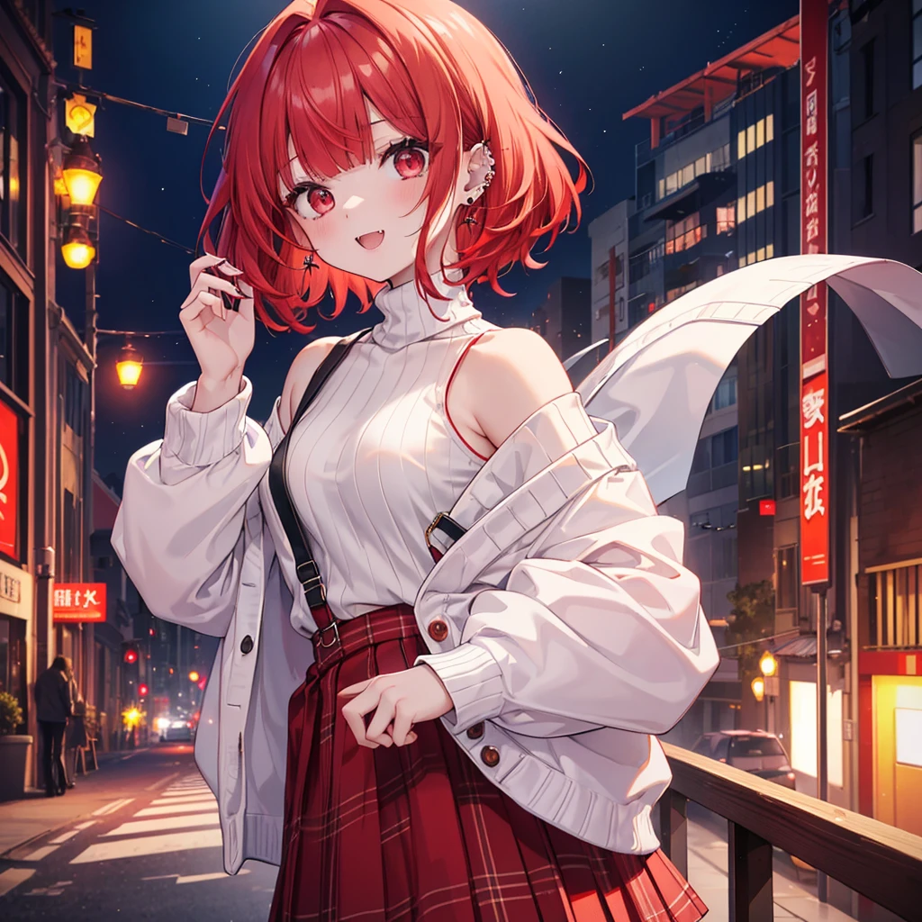 (8K、Top image quality、top-quality、masterpiece)、A detailed face、1 girl in、Red-haired、((medium hair))、blunt bangs、red eyes、piercings、Show your fangs and laugh、Moderately breasts、White High Neck Sweater、long-sleeve、red plaid mini pleated skirt、cowboy shot、Downtown background