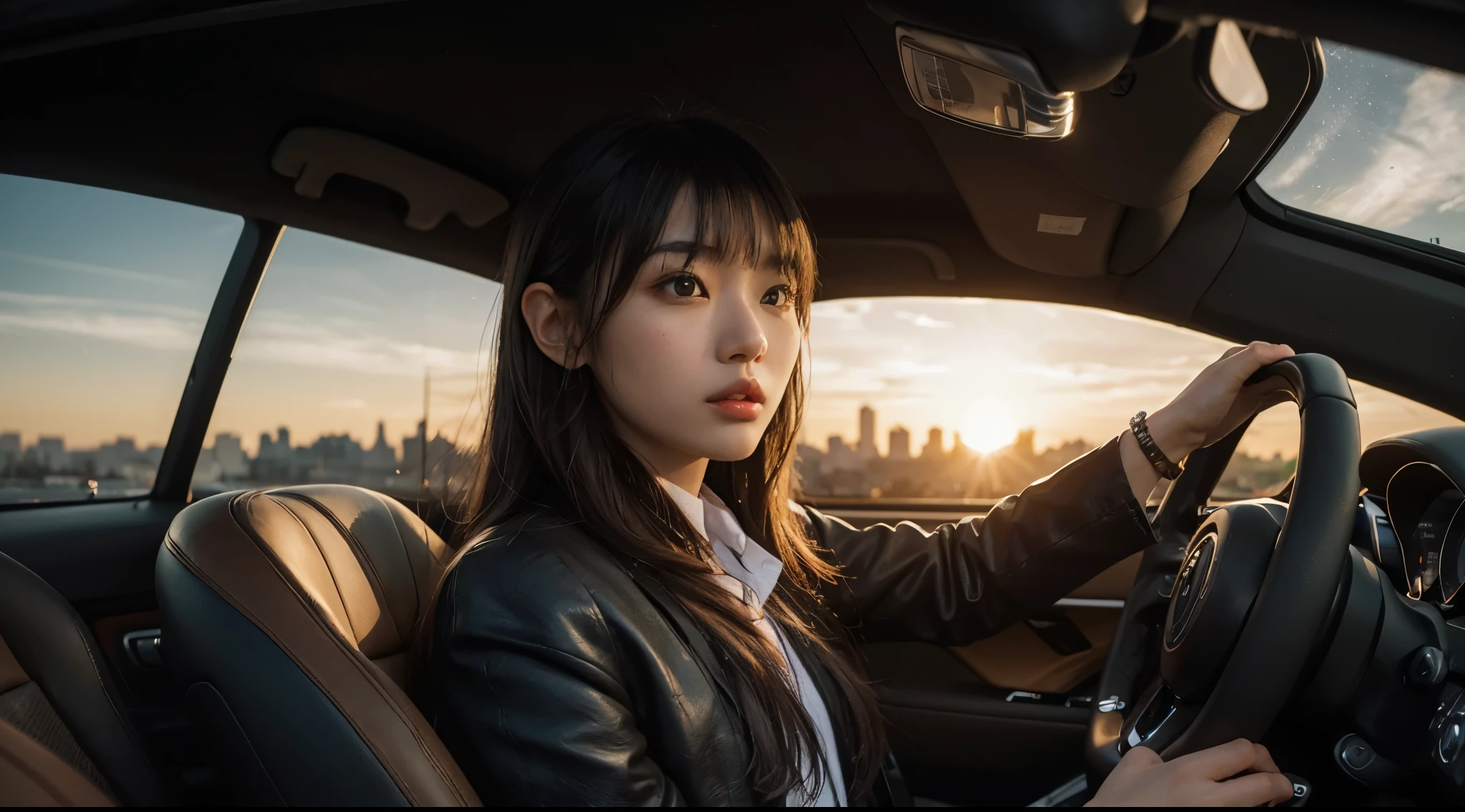 "Picture this: A Japanese edgy girl behind the wheel of a sleek and sophisticated sports car reminiscent of a Bugatti, her expression alive with adrenaline as she grips the steering wheel tightly. The scene captures the essence of urban magic hour, with dramatic golden sunlight illuminating the detailed interior and dashboard of the car. As she navigates the city streets, the sunset casts a warm glow, adding to the intensity of the moment. hands & fingers anatomically correct."