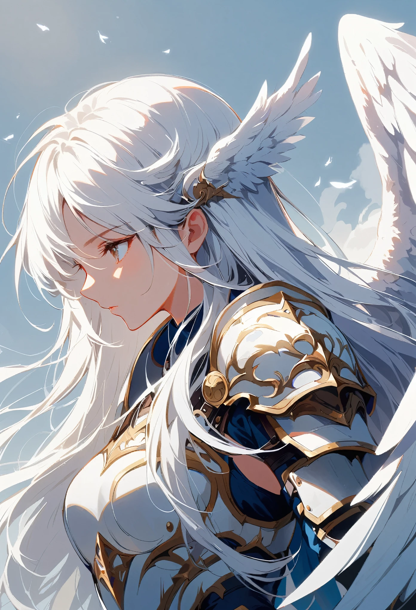 1girl
angel
angel_wings
armor
feathered_wings
feathers
long_hair
pauldrons
shoulder_armor
single_wing
solo
upper_body
white_theme
white_wings
wings