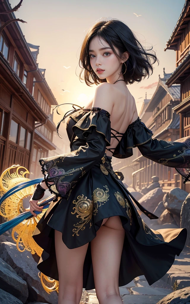 Official Art, Unity 8k wallpaper, Extremely detailed, beautiful and aesthetic, masterpiece, best quality, (tangled, dispute, twist), (Fractal Art: 1.4), (Role Center: 1.3), 1 Girl, Black Hair, China人, Off-shoulder, Short skirt, calf, Umbilical cord, Very detailed, Dynamic Angle, Cowboy shooting, (The most beautiful form of chaos), Ethereal, (Vibrant colors), O'Casey, (half: 1.2), China, (Thangka Flying Apsaras: 1.5), (Ribbon: 1.3), (Dream: 1.5), (Hanfu: 1.5), China人 dragon, China人 phoenix, (Smile: 0.5), ( China人 deities),