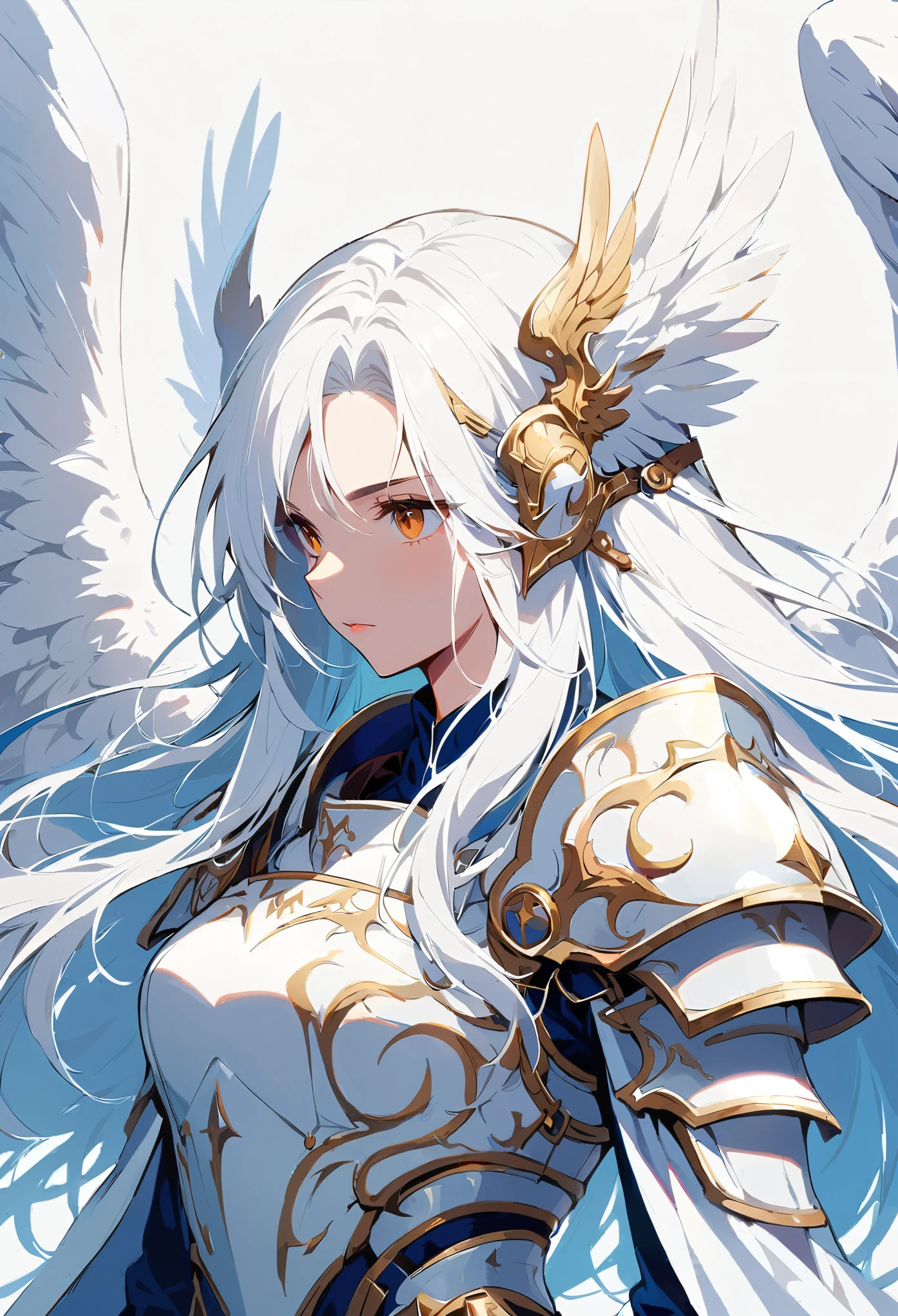 1girl
angel
angel_wings
armor
feathered_wings
feathers
long_hair
pauldrons
shoulder_armor
single_wing
solo
upper_body
white_theme
white_wings
wings