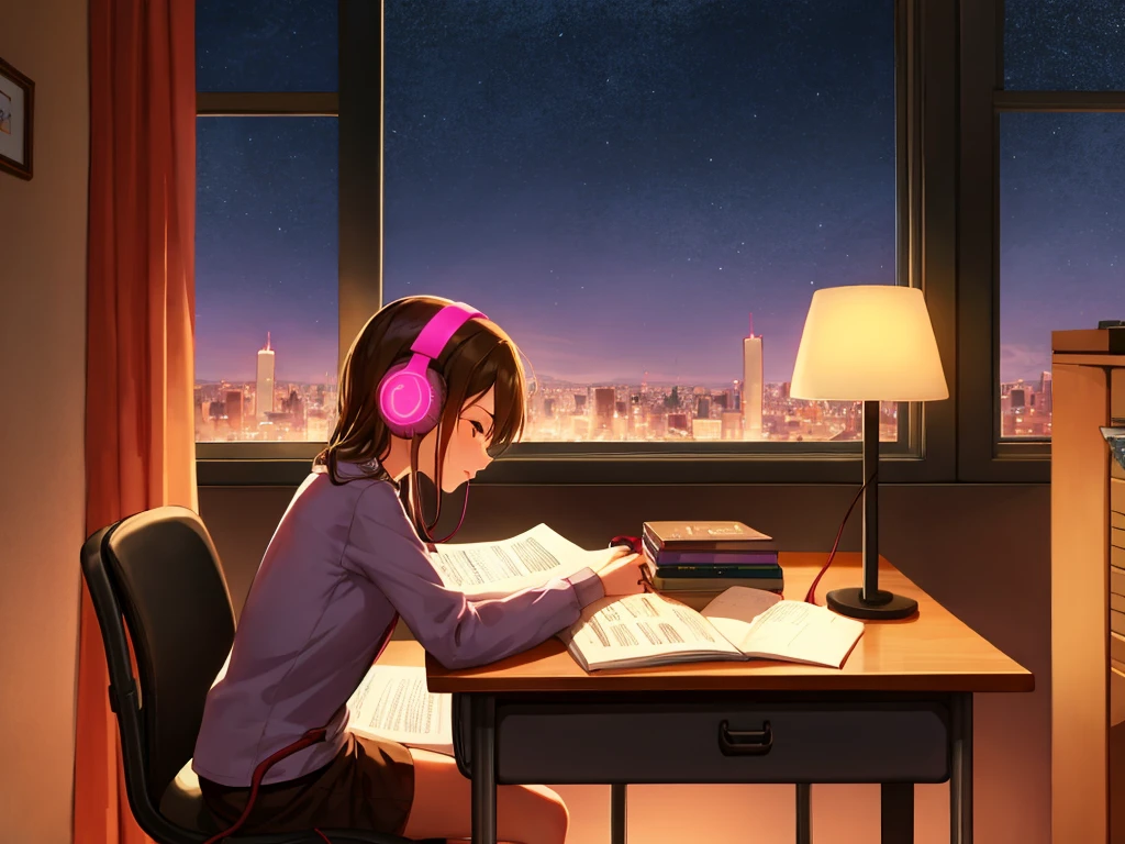 A girl studying at a desk in a dark room at night, listening to jazz with headphones