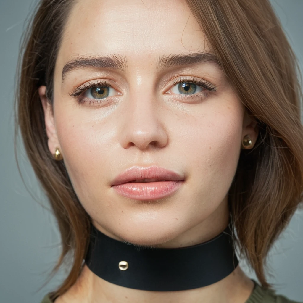 (Skin texture, pores, blemishes), Super high res portrait photo of a pretty woman wearing a small choker,f /2.8, Canon, 85mm,cinematic, high quality, skin texture, looking at the camera, skin imperfections, mouth open, tongue, realistic mouth, 