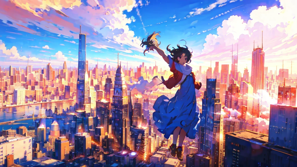 a girl flying through the air over a city with tall buildings and a sky background with clouds, wide shot