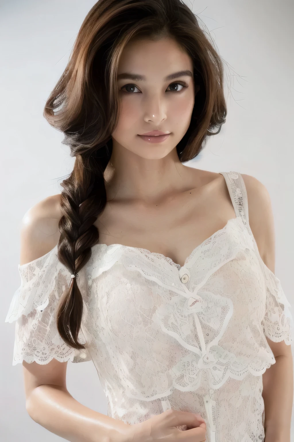 ((Highest quality, 8k, masterpiece: 1.3)), sharp: 1.2, Perfect Body Beauty: 1.6, ((Layered Hairstyles, Small breasts: 2.0)), (white lace dress: 2.0, Off-the-shoulder dress: 2.0, Dresses with visible breasts: 2.0), ((long hair: 2.0)), ((necklace)), Earrings, ring, Bracelet, Hair Accessories, ((Beautiful young teenager woman)), ((Straight nose)), (Eyeliner), Armpit Hair, Bristles, ((White and beautiful skin)), Wavy Hair, Beautiful attention to detail, Super detailed, Highly detailed face and skin texture, fine grain, double eyelid, Black Hair, Big Ass, Lower Body, Thighs, (((Skinny))), Wet and shiny lips, smile, Get a grip on your body, ((Anatomically correct human body)), ((Crisp body shape)), Ribs, clavicle, Protruding skeleton, A face without nasolabial folds, Shyness, Thin eyebrows, Big eyes, (shoot from side: 1.0), (Narrow shoulders: 2.0), (Smile: 1.0), (A dress that exposes the upper half of the chest: 2.0)
