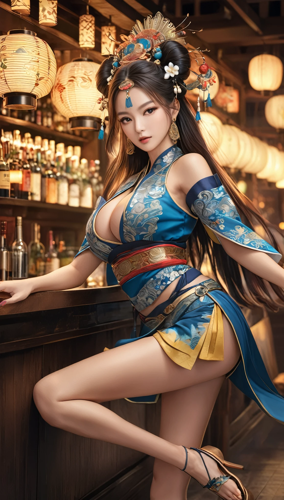 Highest quality, Realistic, photoRealistic, Award-winning photography, (Intricate details, Asian Bar: 1.2), (Subtle details), (Intricate details), (Cinematic Light, Super sexy woman, super model,  super huge bouncing chests, Sexy long legs, Dynamic sexy pose, Ethnic attire, カラフルで複雑なEthnic attire, hair ornaments, , Sandals,, Full body close-up),