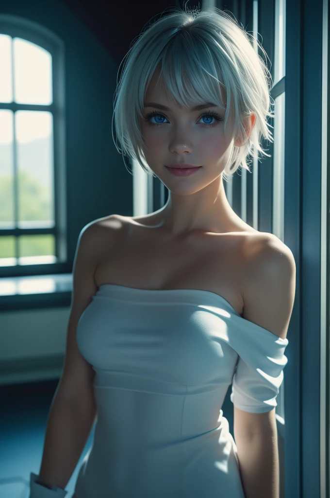1girl, bethel, blue eyes, bare shoulders, breasts, medium breasts, naked, short hair, white hair, hair over one eye, bangs, gloves, sleeveless, solo, shirt, fingerless gloves, white shirt, sleeveless shirt, arms behind back, off shoulder, smile, (masterpiece), (best quality), (ultra detailed), indoors, simple background, blue flowers, nude