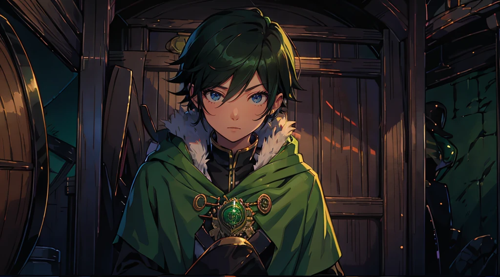 yuichiro hyakuya, (WithoutFear:1), 1 boy, black hair, green eyes, brown coat, gray armor, green shield, green cloak, dark brown gloves, town, white fur trim, tall, anime, standing, good quality, portrait, looking at viewer