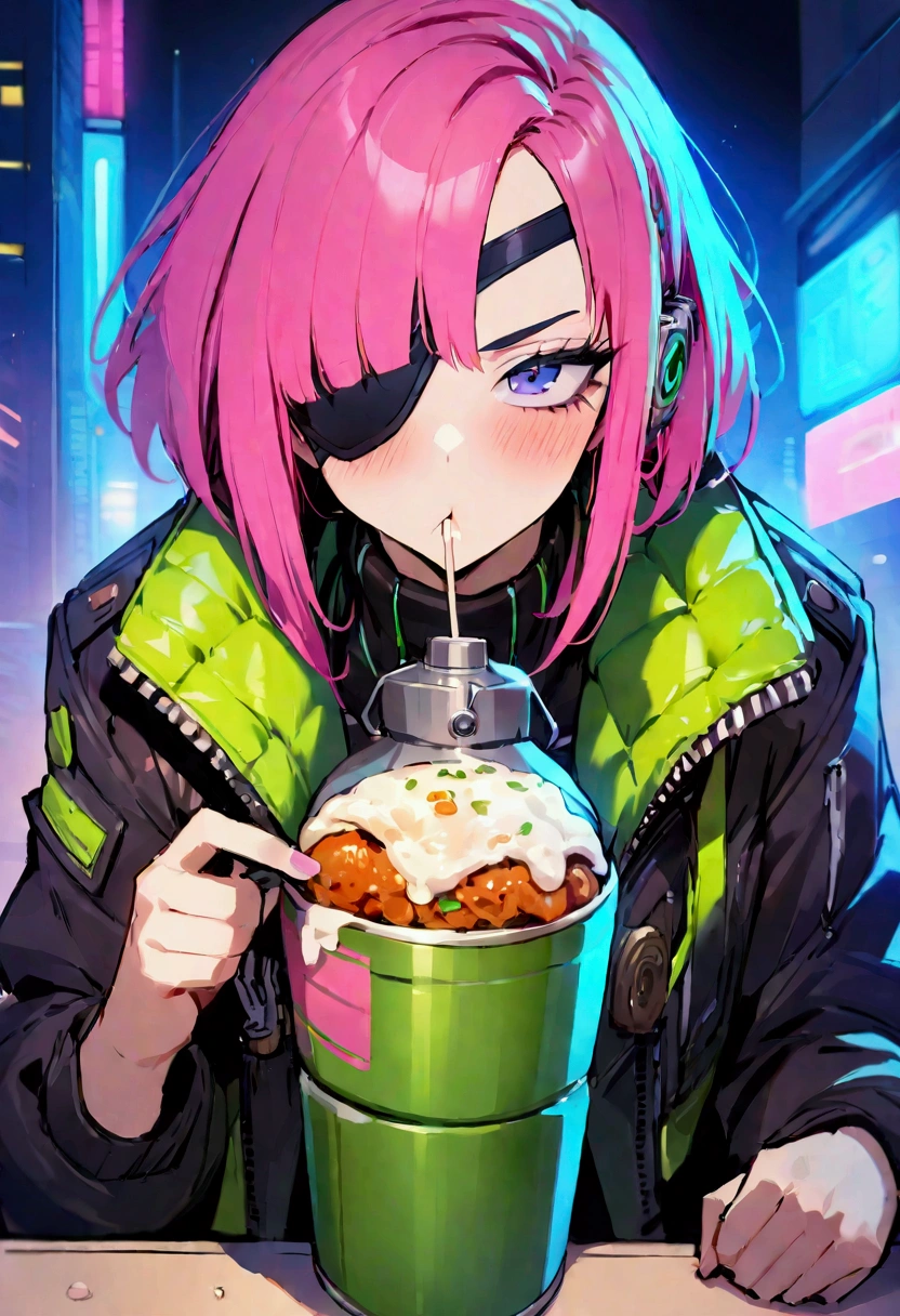 masterpiece,Highest quality,Super quality,cyber punk,cool,Eye patch,strong,Actually a good guy,canteen,Eating a meal