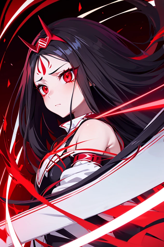 Animated illustration of a woman with a cross on her forehead, with glowing Red eyes, nezuko-chan, Red eyes and a slim face, with Red glowing eyes, with Red eyes, Evil Expression, ((Red)) Loose eyes, inspiRed by Jin Homura, nezuko, fully Red eyes, with a Red eyes, in animation style