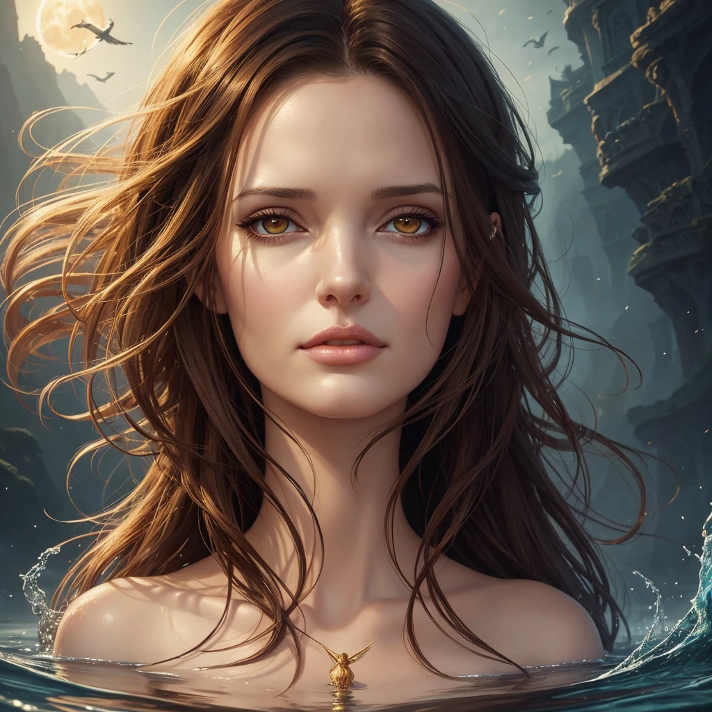 golden hour, front view oil painting of a woman with face of Winona Ryder morphed with Angelina Jolie laughing with gigantic hairdo floating on water, giraffe morphed with lion emerges from water in the background, tears of joy, storks, stunning digital illustration, beautiful fantasy art portrait, a beautiful artwork illustration, charlie bowater rich deep colors, artstyle tom bagshaw, beautiful digital illustration, beautiful fantasy portrait, portrait of a dark fantasy nymph, exquisite digital illustration, in style of anna dittmann