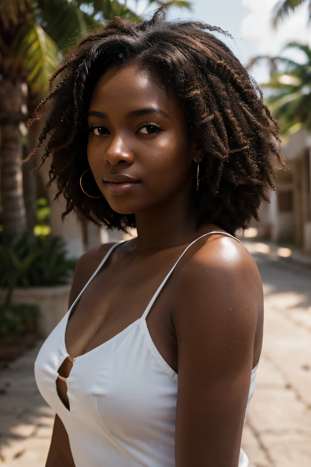 24-year-old beautiful Haitian woman, dark skin, 1.65 meters tall, shoulder-length kinky hair, round face with full cheeks, black eyes, photographed with a Canon camera, natural lighting, portrait shot