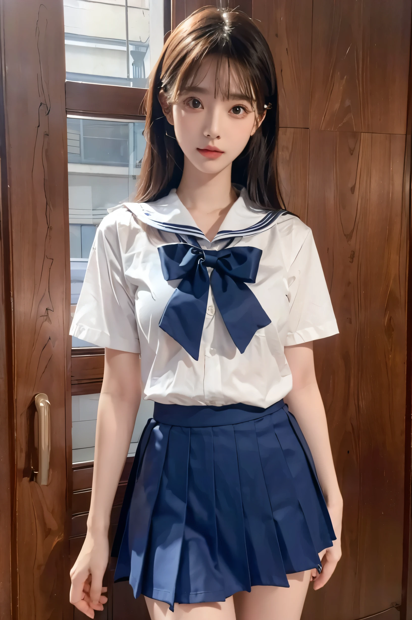 (Ultra HD), (Short-sleeved sailor uniform, Navy blue mini skirt), Big Breasts, slender, whole body, Standing posture, (Clean and shiny skin, Whitening, No makeup), (Super slim face, Super beautiful face), (semi-long, Layered Cut, Fluffy hair), (double eyelid, Slanted Eyes), Small Nose, Thin lips, Thin legs, school gate