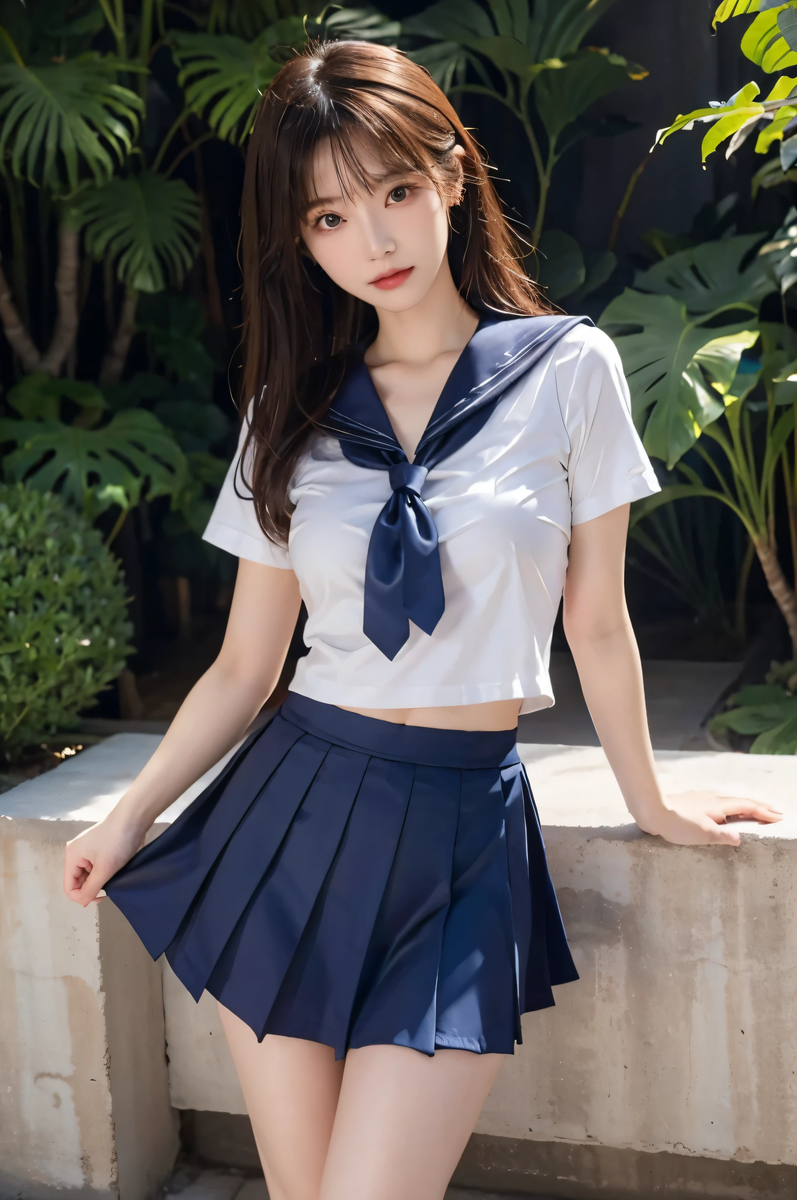 (Ultra HD), (Short-sleeved sailor uniform, Navy blue mini skirt), Big Breasts, slender, whole body, Standing posture, (Clean and shiny skin, Whitening, No makeup), (Super slim face, Super beautiful face), (semi-long, Layered Cut, Fluffy hair), (double eyelid, Slanted Eyes), Small Nose, Thin lips, Thin legs, school gate