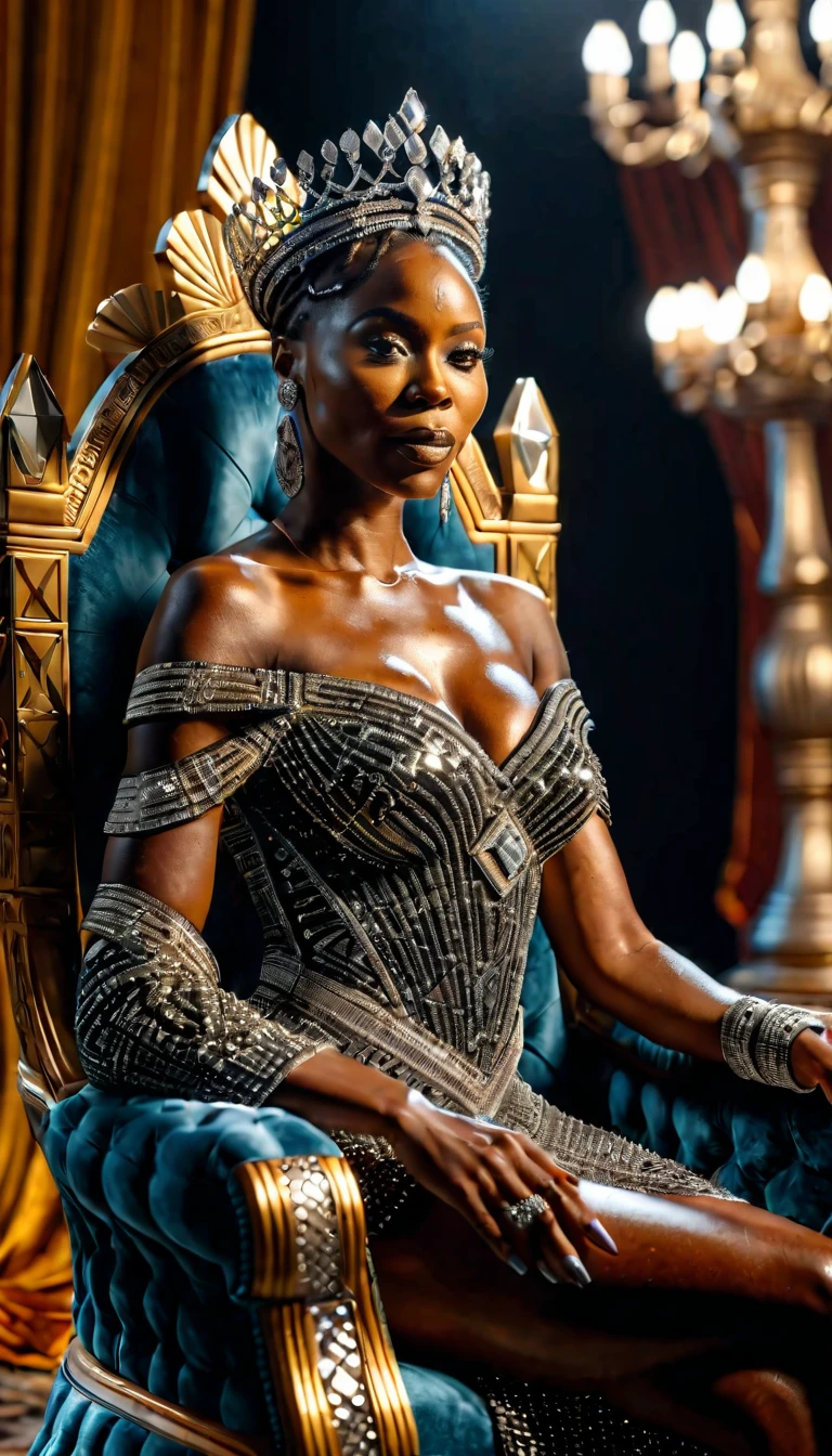(a frontal view), (camera facing the subject), A very beautiful black african queen sitting on a diamond throne made of diamond, intricate details, dramatic lighting, hyperrealism, photorealistic, cinematic, 8k sharp focus, style expressive, frontal view, camera facing the subject