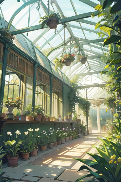 draw a wide victorian-era magical greenhouse full of botanical plants