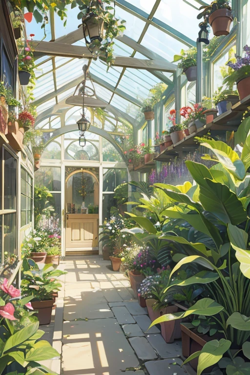 draw a wide victorian-era magical greenhouse full of botanical plants