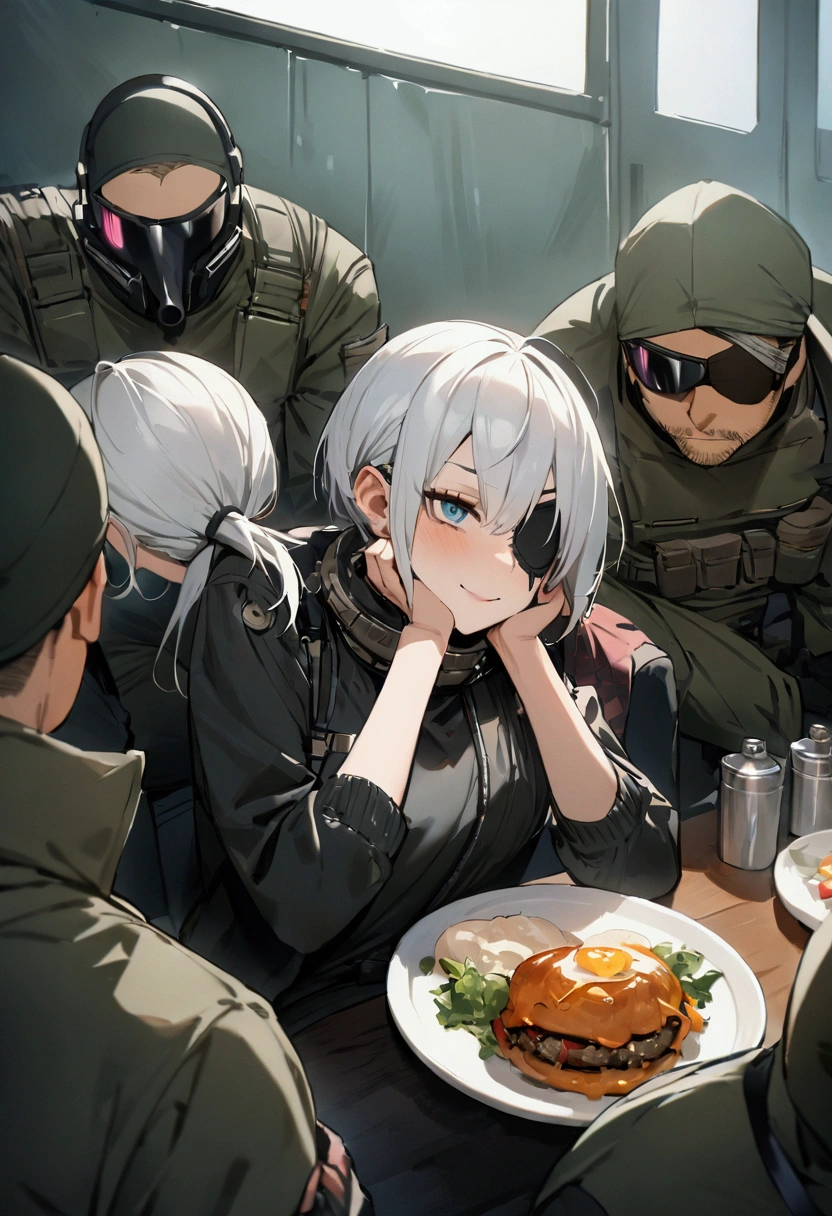 masterpiece,Highest quality,Super quality,cyber punk,cool,A silver-haired female soldier wearing an eyepatch,Actually a good guy,canteen,Having a meal with his subordinates