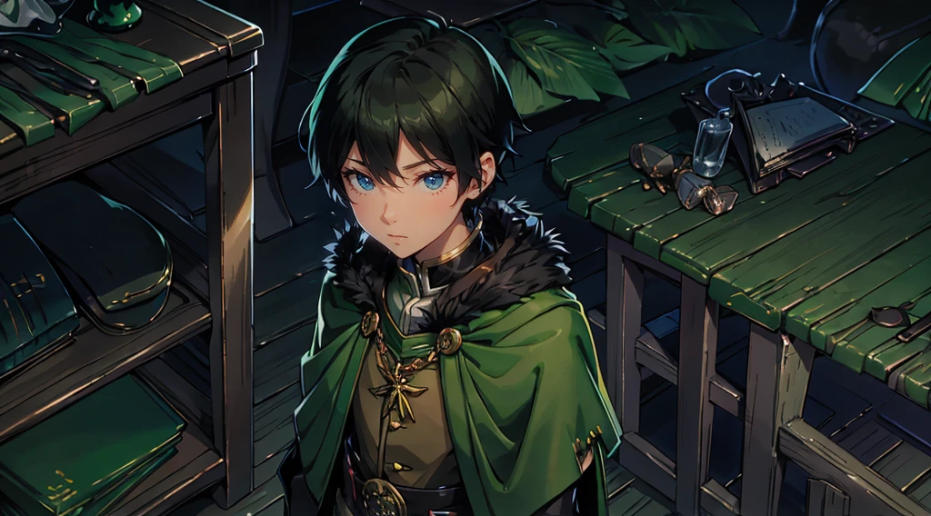 yuichiro hyakuya, (WithoutFear:1), 1 boy, black hair, green eyes, brown coat, gray armor, green shield, green cloak, dark brown gloves, town, white fur trim, tall, anime, standing, good quality, portrait, looking at viewer
