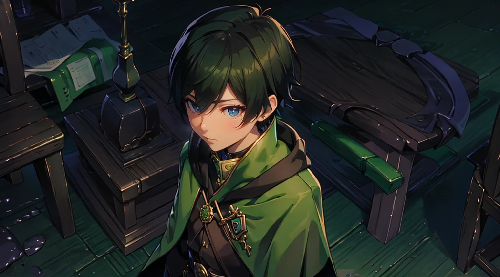 yuichiro hyakuya, (WithoutFear:1), 1 boy, black hair, green eyes, brown coat, gray armor, green shield, green cloak, dark brown gloves, town, white fur trim, tall, anime, standing, good quality, portrait, looking at viewer