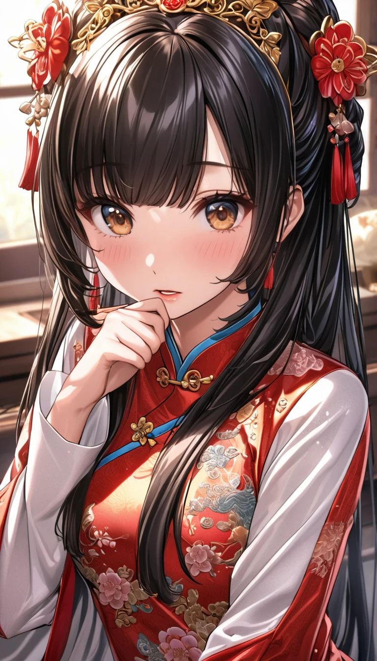 Beautiful 15-year-old Chinese princesses with long black hair　Gorgeous embroidery, Ultra glossy, She is wearing a shiny royal long sleeve Chinese jacket....　She is wearing a Chinese jacket　彼女達は花柄の赤いビニール布団の上でPoopをする　Extremely thick poop　　They climax and cry while cumming　She has hairy swollen pussy　They excrete a lot of waste.　Scat sex　Filth　Poop　Defecation　