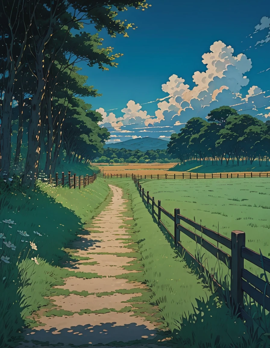 Obra maestra 8k Studio ghibli A serene landscape of a grass field with trees in the background, fence under a clear blue sky with clouds. shade, camino solar lighting 8khdr!!!! crepusculo ensueño