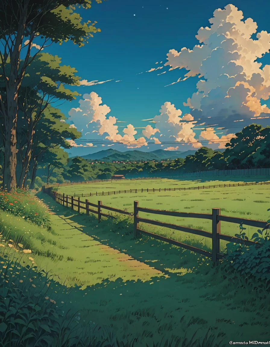 Obra maestra 8k Studio ghibli A serene landscape of a grass field with trees in the background, fence under a clear blue sky with clouds. shade, camino solar lighting 8khdr!!!! crepusculo ensueño