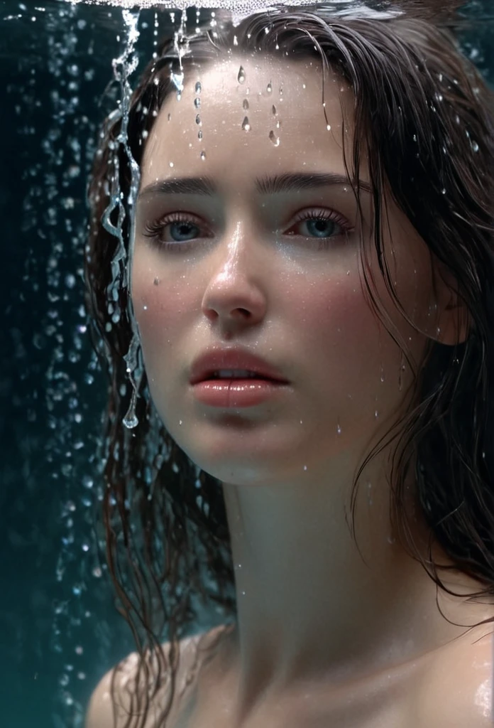 The woman gazes sadly at the sky, tears streaming down her face, A delicate and beautiful realistic animation, A beautiful woman takes shape and materializes from the crystal clear shining water, The transparent and mysterious liquid is like a sculpture, where the liquid takes shape and the drops fold over to form a beautiful woman, The mysterious transparent liquid, in which the shape of a woman is embodied, emits a bewitching pale pink light from within and shines brightly
