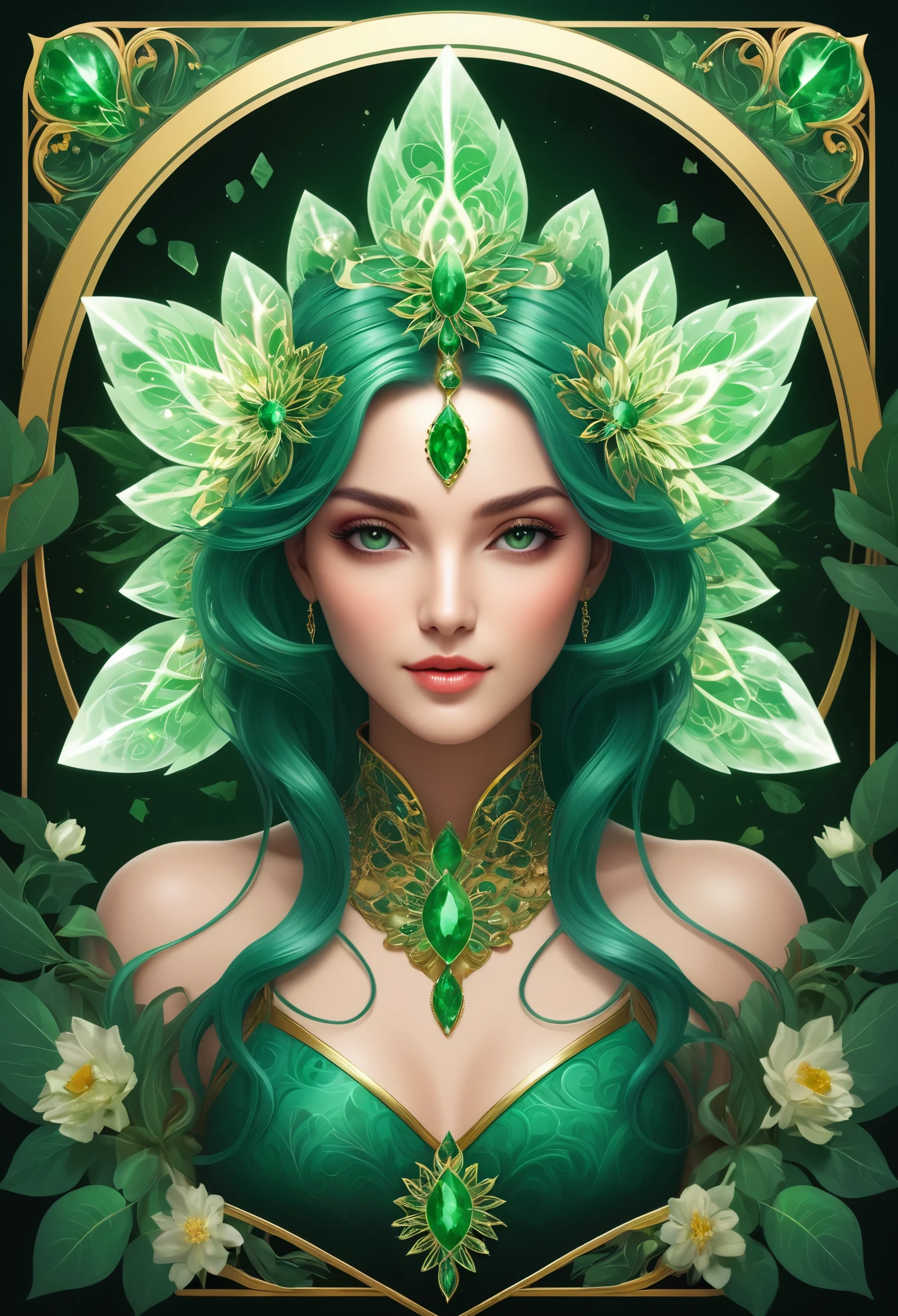 (masterpiece, Highest quality, Highest quality, Official Art, beautifully、aesthetic:1.2), (One girl:1.3), (Fractal Art:1.3), card, Tarot, Emerald Hair, Twin Blade, Hair Flower, (Good lighting:1.1), ((High resolution)), Tarot card style